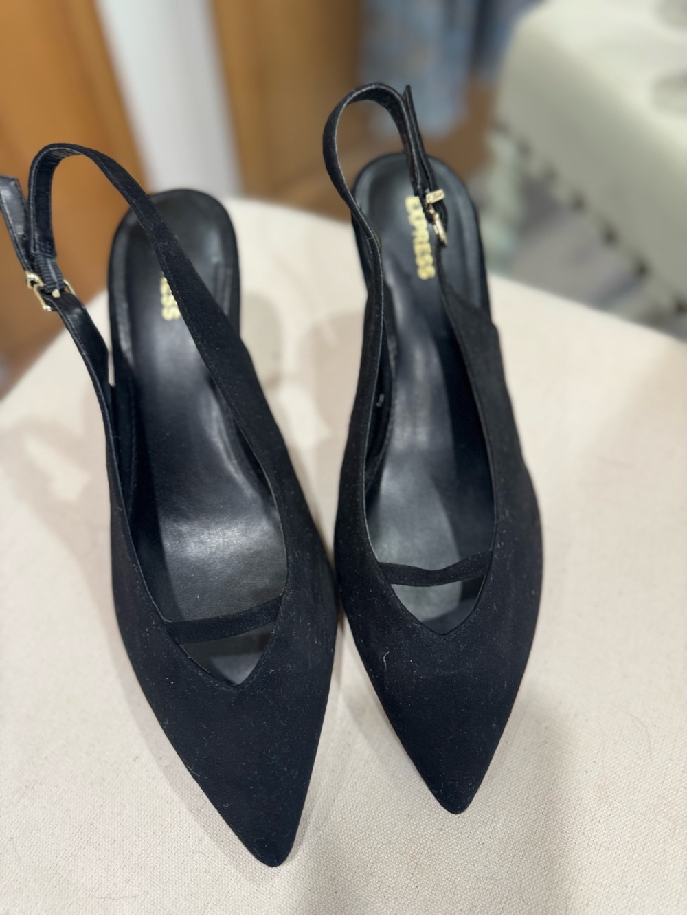 Express Black Pointed Slingback Heels with Gold Buckle